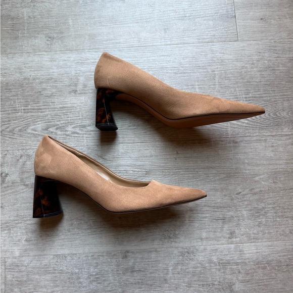 Zara Pointed Toe Faux Suede Tortoise Block Heel Pumps Size 39 (8.5) - Picture 3 of 10